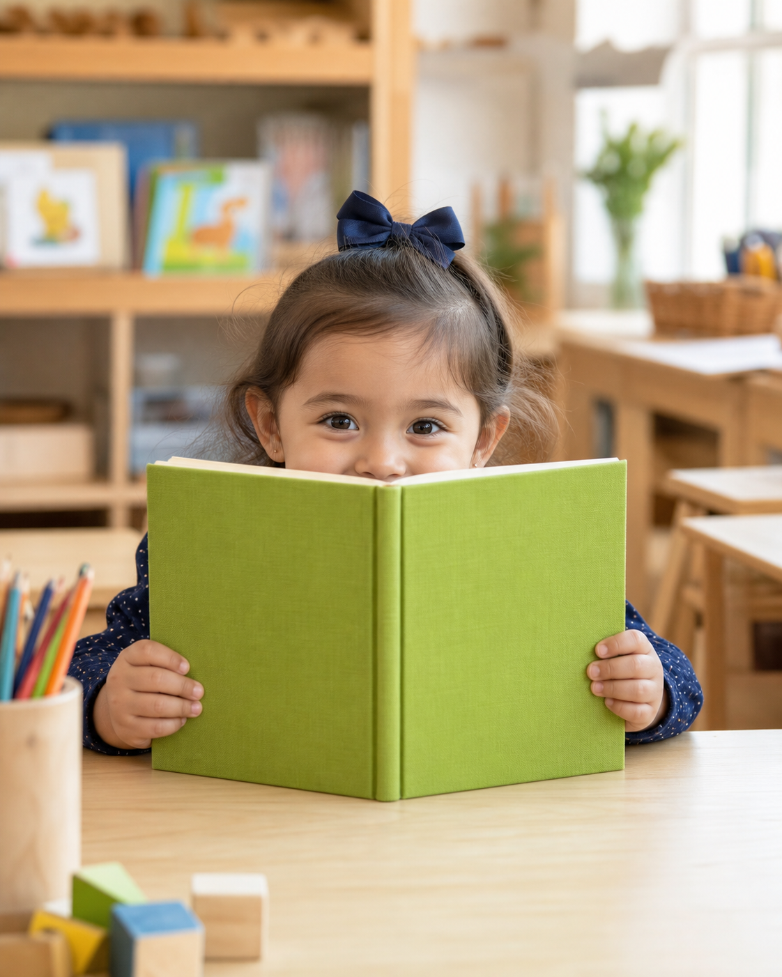 Niña pequeña leyendo en un aula infantil para representar un futuro educativo protegido